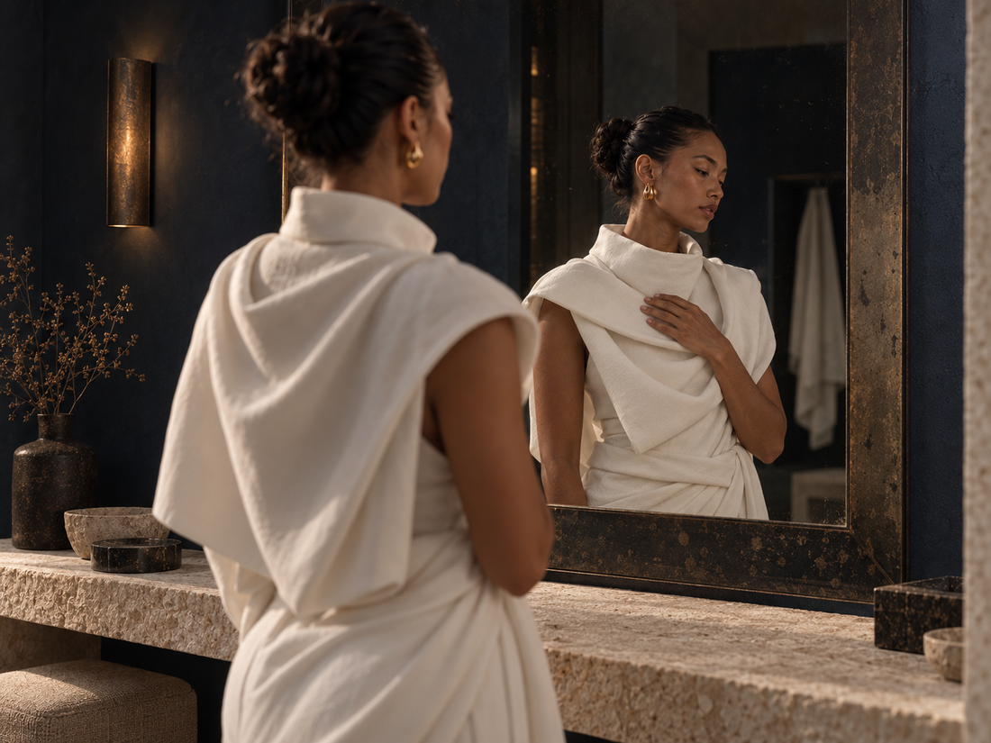 A woman in sculptural ivory clothing observes her reflection with one hand resting over her chest.